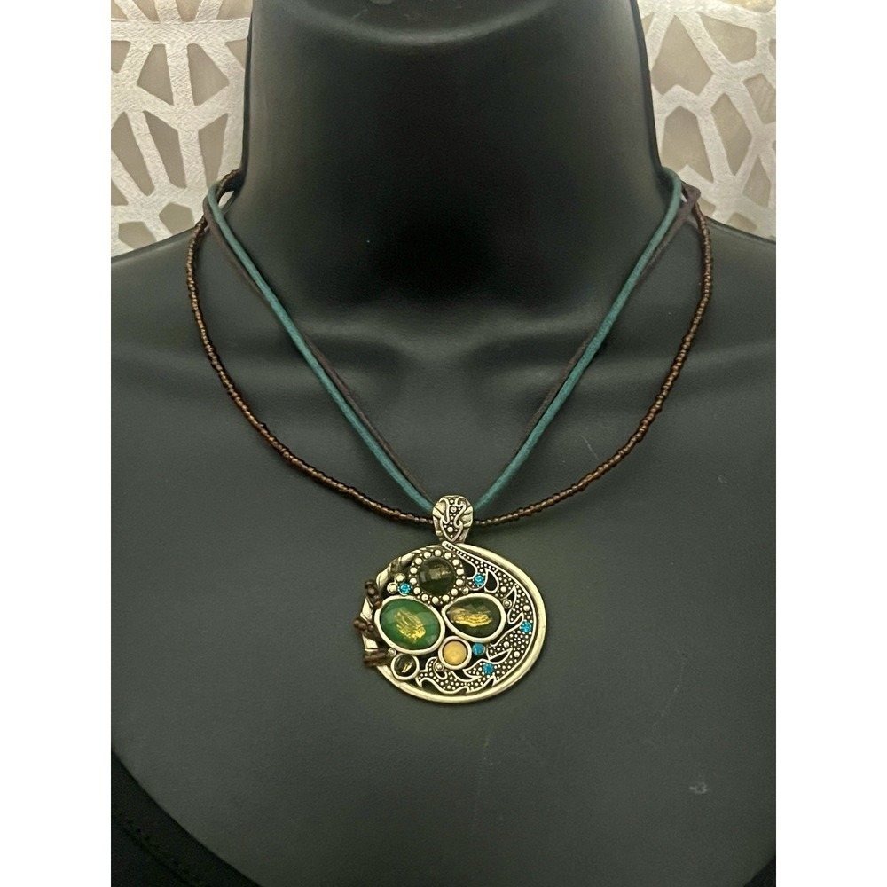 Boho Statement Pendant Necklace Green Gold Mixed Stone Unbranded Artisan Style